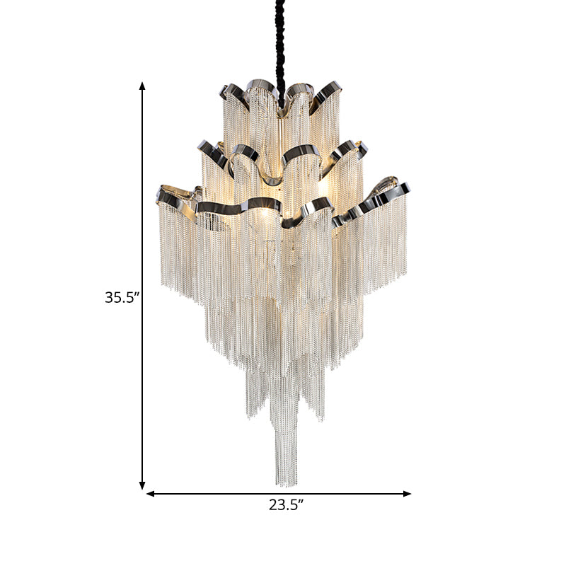 Multi Tiers Hanging Light with Tassel Modern Metal 7/8 Lights Silver Chandelier Light Fixture for Living Room Clearhalo 'Ceiling Lights' 'Chandeliers' 'Modern Chandeliers' 'Modern' Lighting' 597323