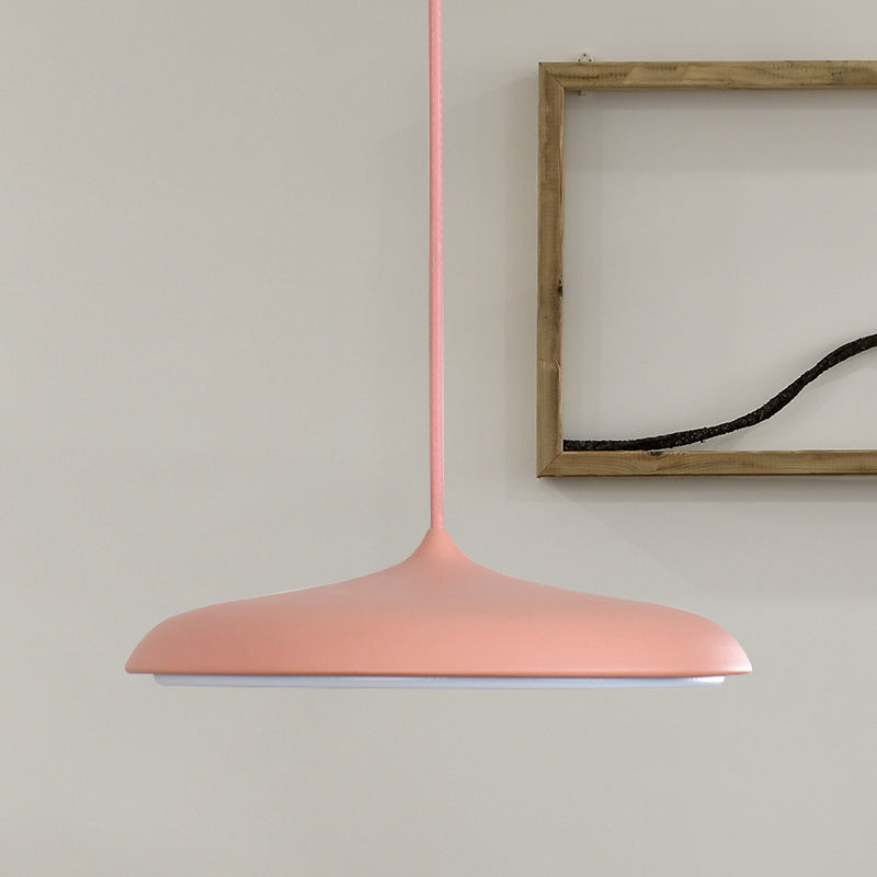 Disk Ceiling Pendant Light Modernism Metal 10"/16" dia 1 Light White/Pink/Yellow Hanging Lamp in Warm/White Pink Clearhalo 'Ceiling Lights' 'Modern Pendants' 'Modern' 'Pendant Lights' 'Pendants' Lighting' 597451