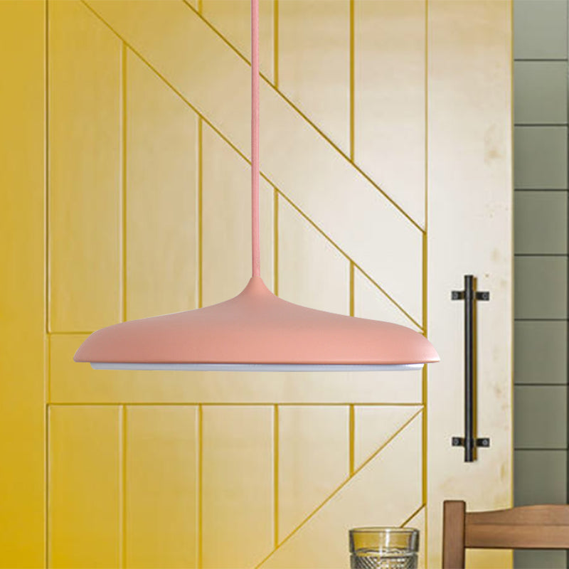 Disk Ceiling Pendant Light Modernism Metal 10"/16" dia 1 Light White/Pink/Yellow Hanging Lamp in Warm/White Clearhalo 'Ceiling Lights' 'Modern Pendants' 'Modern' 'Pendant Lights' 'Pendants' Lighting' 597452