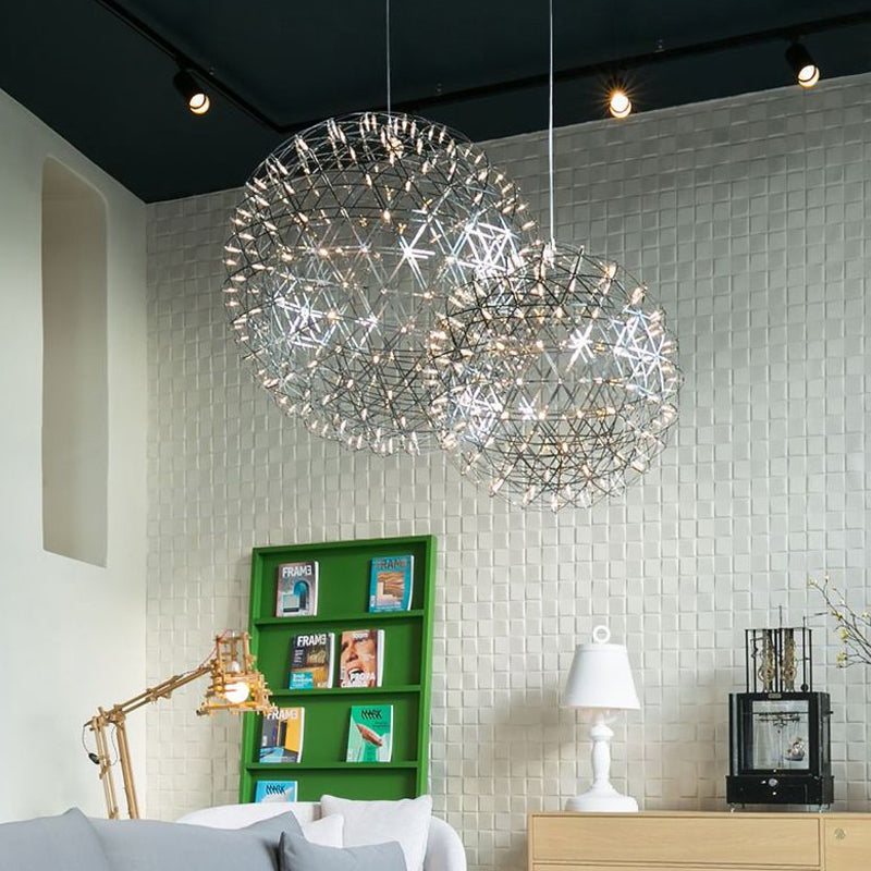 Firework Chandelier Lighting with Orb Shade Modernist Stainless Steel 8"/12" W LED Restaurant Pendant Lamp in Chrome Clearhalo 'Ceiling Lights' 'Chandeliers' 'Modern Chandeliers' 'Modern' Lighting' 597554