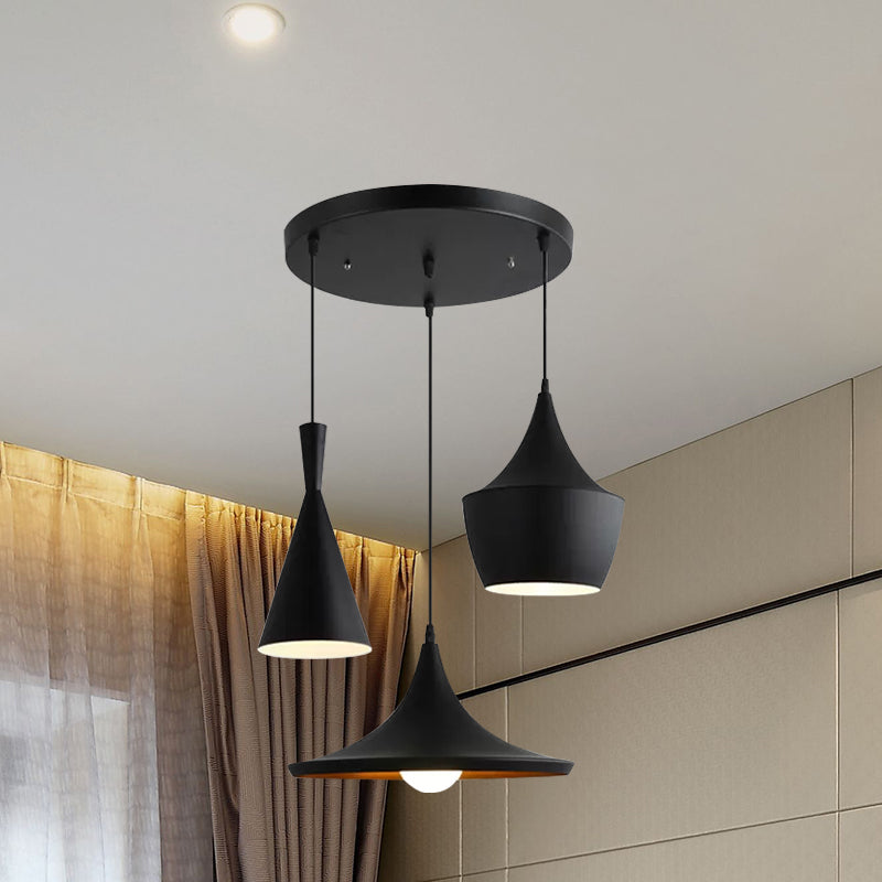 Metal Cone/Saucer/Urn Pendant Light Industrial Black/White/Gold Hanging Light with Linear/Round Canopy Black Admix Round Clearhalo 'Ceiling Lights' 'Modern Pendants' 'Modern' 'Pendant Lights' 'Pendants' Lighting' 597575