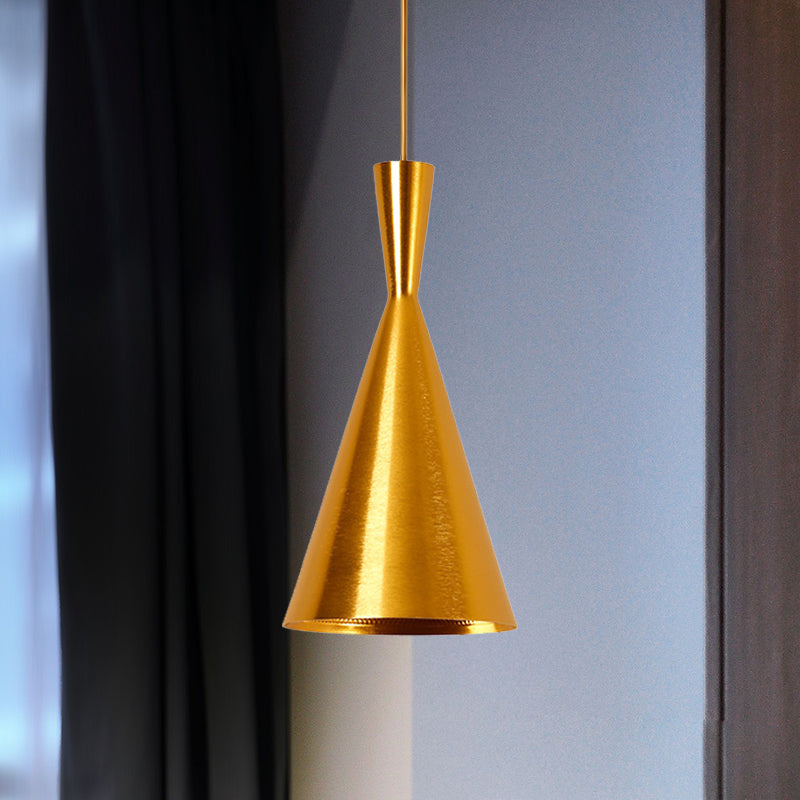 Metal Cone/Saucer/Urn Pendant Light Industrial Black/White/Gold Hanging Light with Linear/Round Canopy Gold Cone Round Clearhalo 'Ceiling Lights' 'Modern Pendants' 'Modern' 'Pendant Lights' 'Pendants' Lighting' 597579