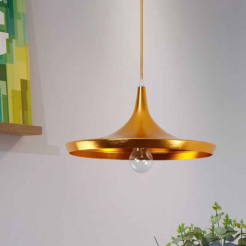 Metal Cone/Saucer/Urn Pendant Light Industrial Black/White/Gold Hanging Light with Linear/Round Canopy Gold Saucer Round Clearhalo 'Ceiling Lights' 'Modern Pendants' 'Modern' 'Pendant Lights' 'Pendants' Lighting' 597613