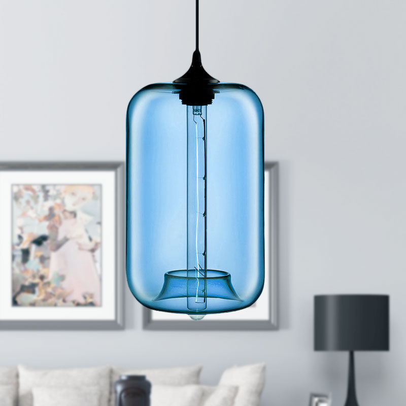 1 Light Hanging Lamp with Cylinder Glass Shade Contemporary Red/Brown/Blue Hanging Ceiling Light Dark Blue Clearhalo 'Ceiling Lights' 'Glass shade' 'Glass' 'Modern Pendants' 'Modern' 'Pendant Lights' 'Pendants' Lighting' 597860