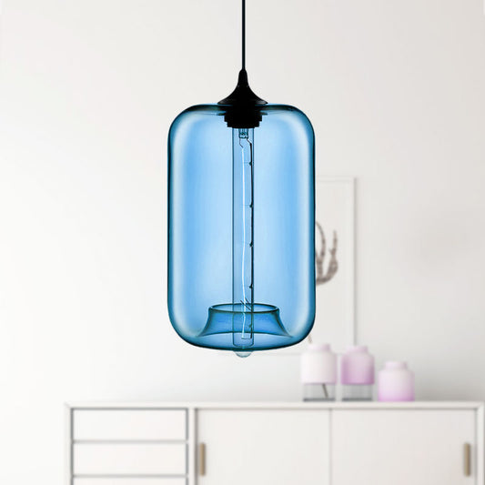 1 Light Hanging Lamp with Cylinder Glass Shade Contemporary Red/Brown/Blue Hanging Ceiling Light Clearhalo 'Ceiling Lights' 'Glass shade' 'Glass' 'Modern Pendants' 'Modern' 'Pendant Lights' 'Pendants' Lighting' 597861