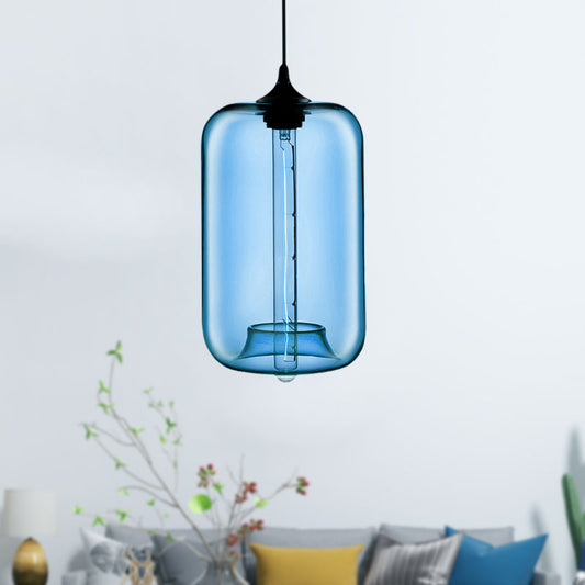 1 Light Hanging Lamp with Cylinder Glass Shade Contemporary Red/Brown/Blue Hanging Ceiling Light Clearhalo 'Ceiling Lights' 'Glass shade' 'Glass' 'Modern Pendants' 'Modern' 'Pendant Lights' 'Pendants' Lighting' 597862