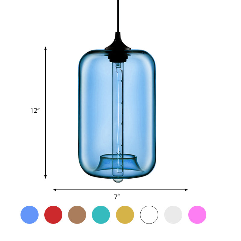 1 Light Hanging Lamp with Cylinder Glass Shade Contemporary Red/Brown/Blue Hanging Ceiling Light Clearhalo 'Ceiling Lights' 'Glass shade' 'Glass' 'Modern Pendants' 'Modern' 'Pendant Lights' 'Pendants' Lighting' 597864