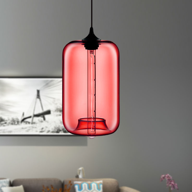 1 Light Hanging Lamp with Cylinder Glass Shade Contemporary Red/Brown/Blue Hanging Ceiling Light Red Clearhalo 'Ceiling Lights' 'Glass shade' 'Glass' 'Modern Pendants' 'Modern' 'Pendant Lights' 'Pendants' Lighting' 597865