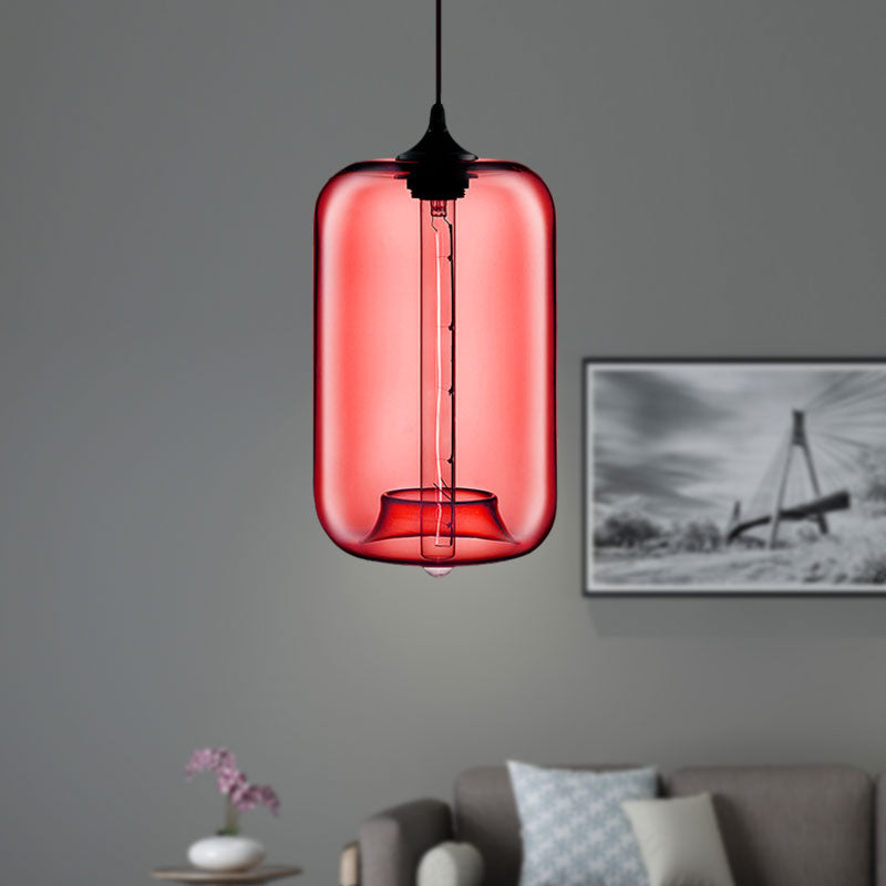 1 Light Hanging Lamp with Cylinder Glass Shade Contemporary Red/Brown/Blue Hanging Ceiling Light Clearhalo 'Ceiling Lights' 'Glass shade' 'Glass' 'Modern Pendants' 'Modern' 'Pendant Lights' 'Pendants' Lighting' 597866