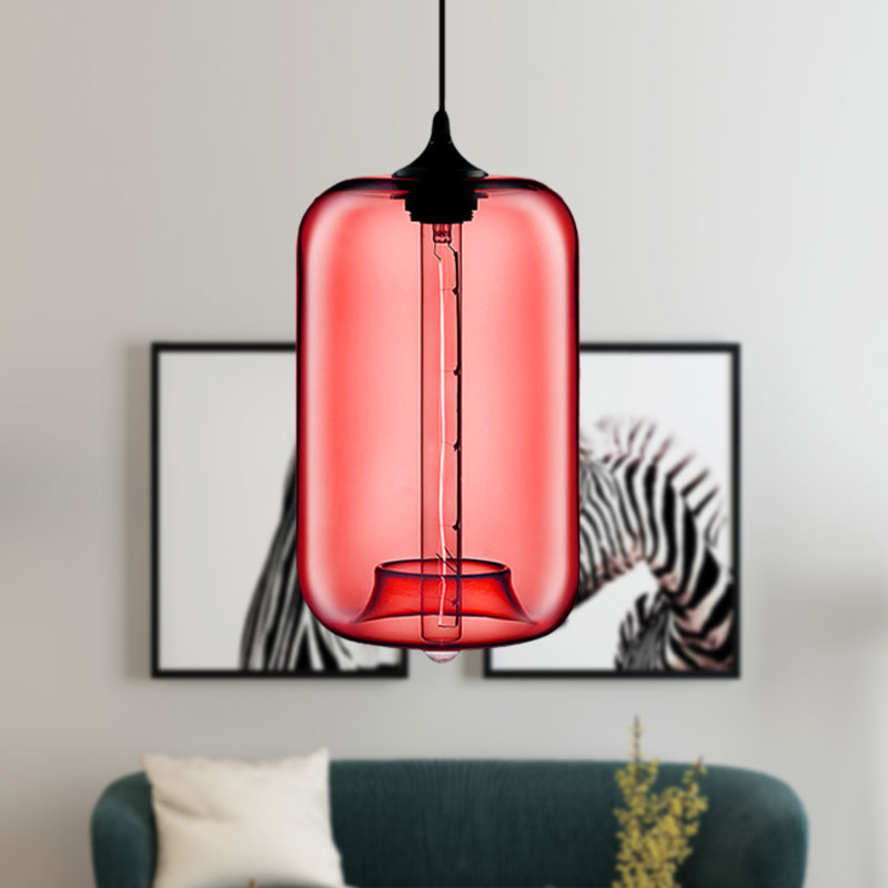 1 Light Hanging Lamp with Cylinder Glass Shade Contemporary Red/Brown/Blue Hanging Ceiling Light Clearhalo 'Ceiling Lights' 'Glass shade' 'Glass' 'Modern Pendants' 'Modern' 'Pendant Lights' 'Pendants' Lighting' 597867