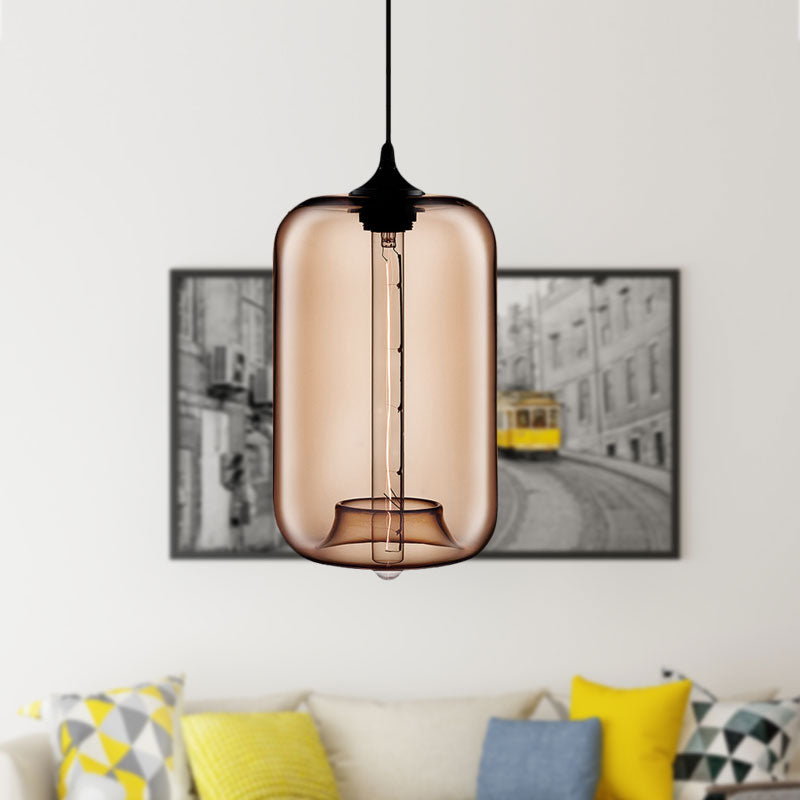 1 Light Hanging Lamp with Cylinder Glass Shade Contemporary Red/Brown/Blue Hanging Ceiling Light Brown Clearhalo 'Ceiling Lights' 'Glass shade' 'Glass' 'Modern Pendants' 'Modern' 'Pendant Lights' 'Pendants' Lighting' 597869