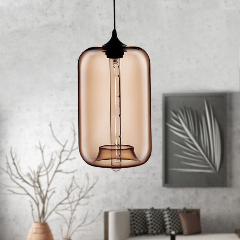 1 Light Hanging Lamp with Cylinder Glass Shade Contemporary Red/Brown/Blue Hanging Ceiling Light Clearhalo 'Ceiling Lights' 'Glass shade' 'Glass' 'Modern Pendants' 'Modern' 'Pendant Lights' 'Pendants' Lighting' 597870