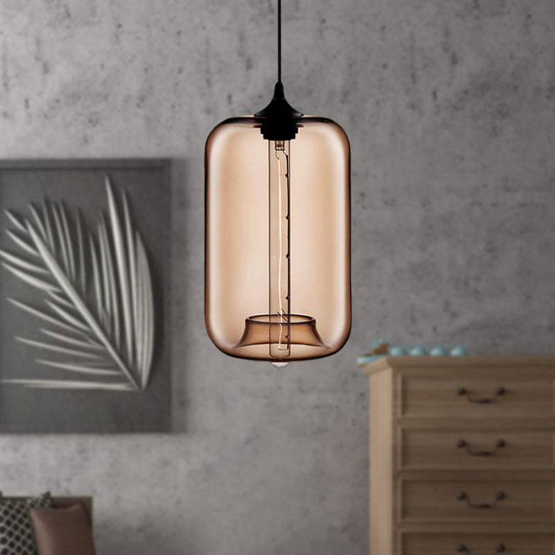 1 Light Hanging Lamp with Cylinder Glass Shade Contemporary Red/Brown/Blue Hanging Ceiling Light Clearhalo 'Ceiling Lights' 'Glass shade' 'Glass' 'Modern Pendants' 'Modern' 'Pendant Lights' 'Pendants' Lighting' 597871