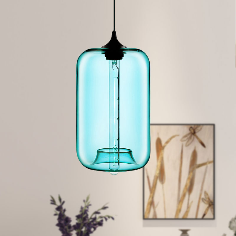 1 Light Hanging Lamp with Cylinder Glass Shade Contemporary Red/Brown/Blue Hanging Ceiling Light Sky Blue Clearhalo 'Ceiling Lights' 'Glass shade' 'Glass' 'Modern Pendants' 'Modern' 'Pendant Lights' 'Pendants' Lighting' 597873