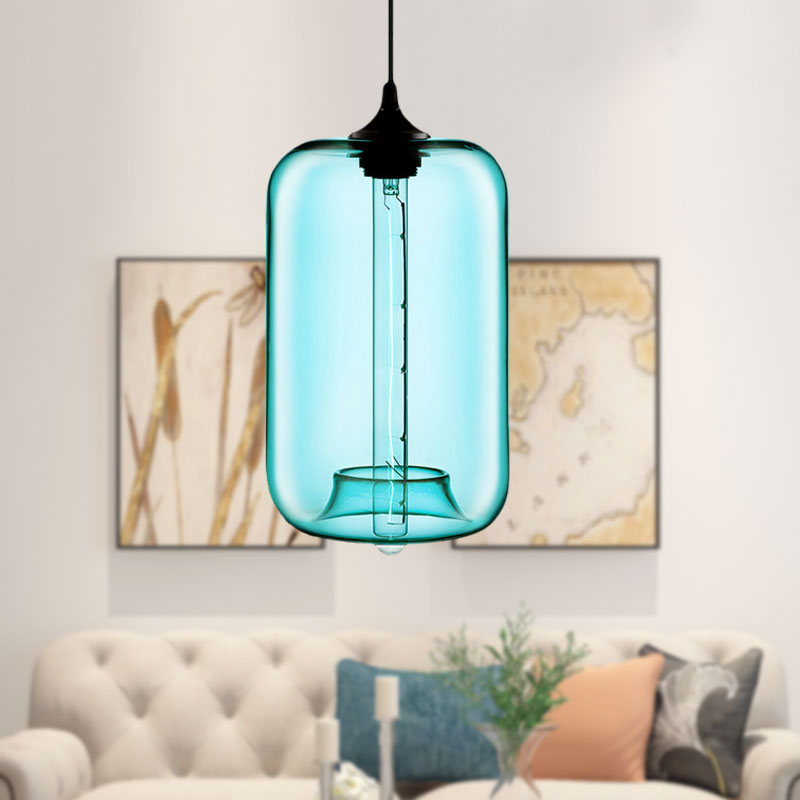 1 Light Hanging Lamp with Cylinder Glass Shade Contemporary Red/Brown/Blue Hanging Ceiling Light Clearhalo 'Ceiling Lights' 'Glass shade' 'Glass' 'Modern Pendants' 'Modern' 'Pendant Lights' 'Pendants' Lighting' 597875