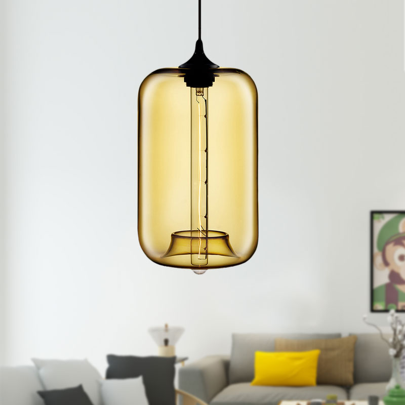 1 Light Hanging Lamp with Cylinder Glass Shade Contemporary Red/Brown/Blue Hanging Ceiling Light Amber Clearhalo 'Ceiling Lights' 'Glass shade' 'Glass' 'Modern Pendants' 'Modern' 'Pendant Lights' 'Pendants' Lighting' 597877