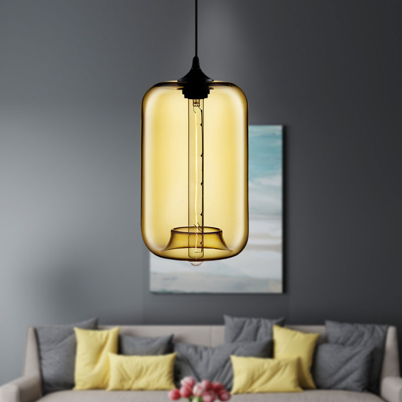 1 Light Hanging Lamp with Cylinder Glass Shade Contemporary Red/Brown/Blue Hanging Ceiling Light Clearhalo 'Ceiling Lights' 'Glass shade' 'Glass' 'Modern Pendants' 'Modern' 'Pendant Lights' 'Pendants' Lighting' 597878