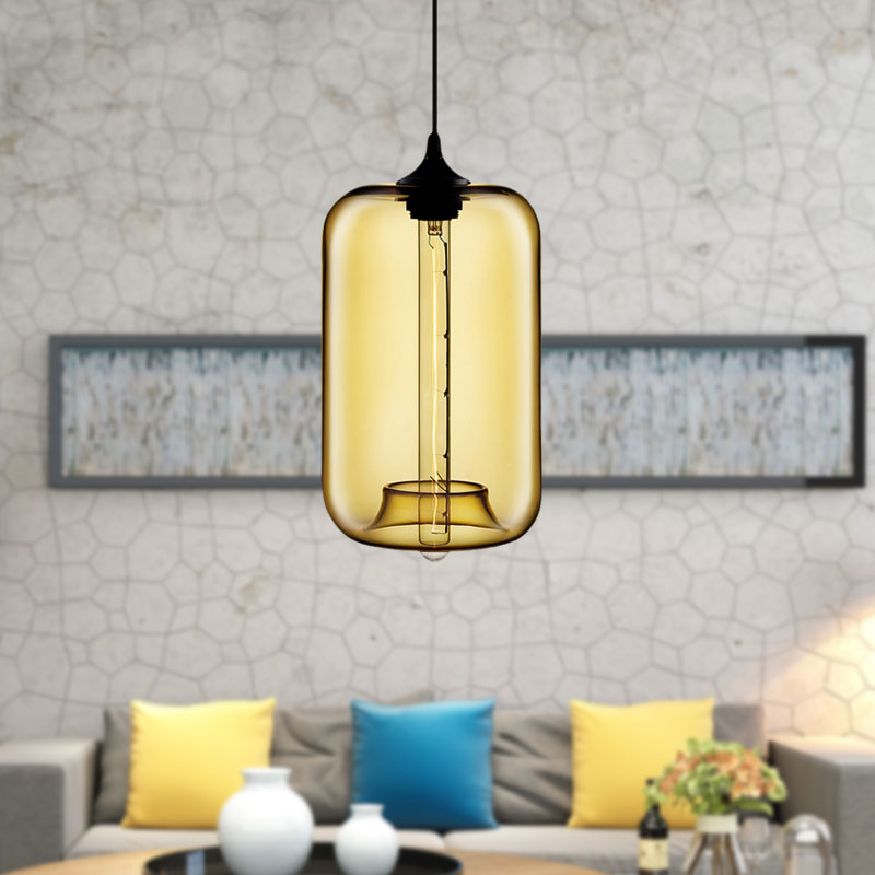 1 Light Hanging Lamp with Cylinder Glass Shade Contemporary Red/Brown/Blue Hanging Ceiling Light Clearhalo 'Ceiling Lights' 'Glass shade' 'Glass' 'Modern Pendants' 'Modern' 'Pendant Lights' 'Pendants' Lighting' 597879