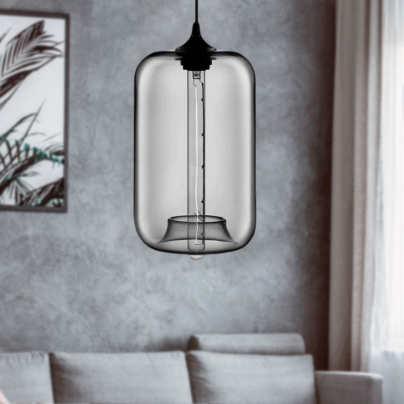 1 Light Hanging Lamp with Cylinder Glass Shade Contemporary Red/Brown/Blue Hanging Ceiling Light Smoke Gray Clearhalo 'Ceiling Lights' 'Glass shade' 'Glass' 'Modern Pendants' 'Modern' 'Pendant Lights' 'Pendants' Lighting' 597885