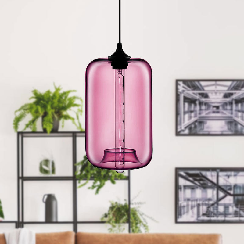 1 Light Hanging Lamp with Cylinder Glass Shade Contemporary Red/Brown/Blue Hanging Ceiling Light Clearhalo 'Ceiling Lights' 'Glass shade' 'Glass' 'Modern Pendants' 'Modern' 'Pendant Lights' 'Pendants' Lighting' 597890