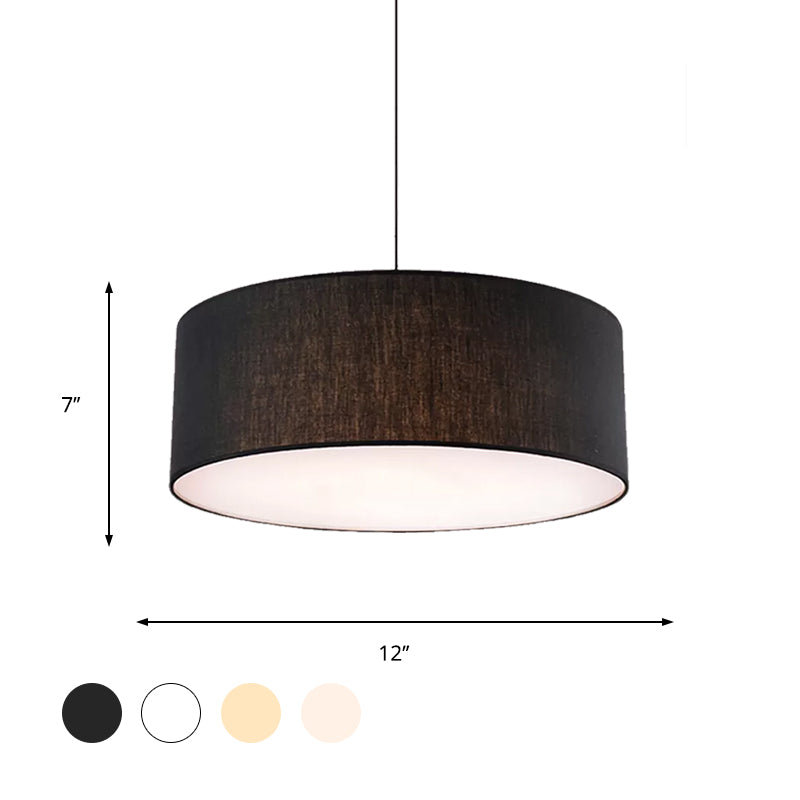 Drum Ceiling Pendant Light Simple Fabric 12"/16"/18" Dia 1 Light White/Black/Beige Hanging Lamp Kit Clearhalo 'Ceiling Lights' 'Modern Pendants' 'Modern' 'Pendant Lights' 'Pendants' Lighting' 598061