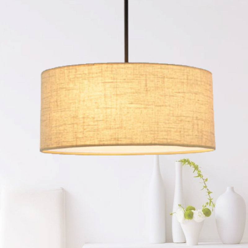 Drum Ceiling Pendant Light Simple Fabric 12"/16"/18" Dia 1 Light White/Black/Beige Hanging Lamp Kit Beige Clearhalo 'Ceiling Lights' 'Modern Pendants' 'Modern' 'Pendant Lights' 'Pendants' Lighting' 598070