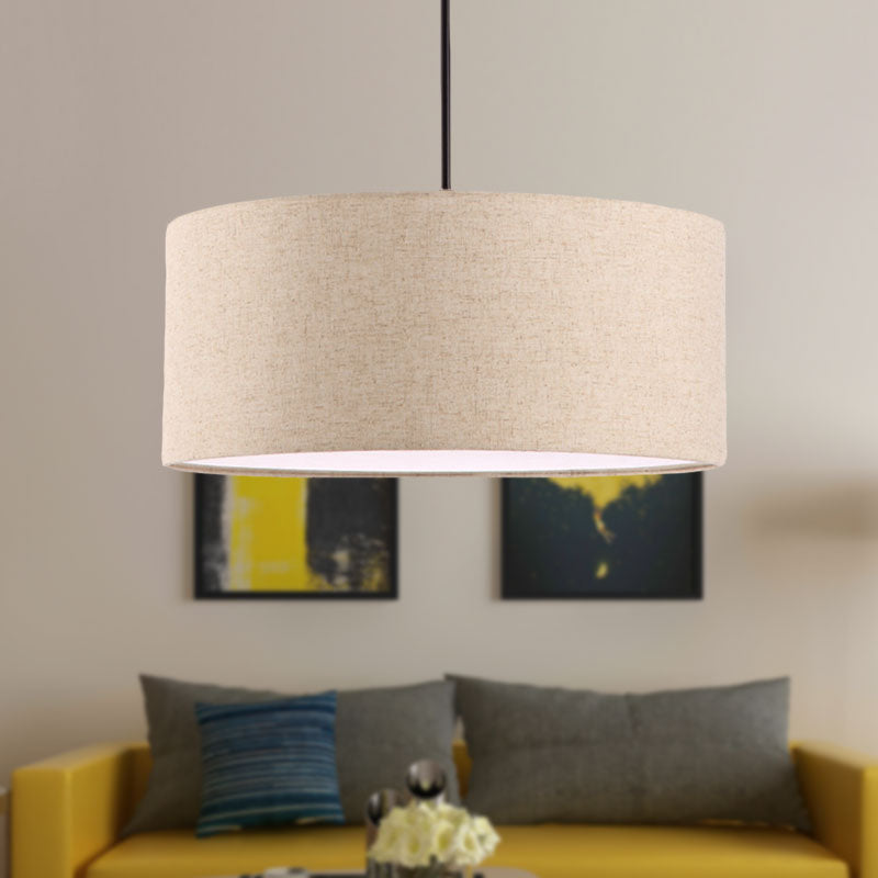 Drum Ceiling Pendant Light Simple Fabric 12"/16"/18" Dia 1 Light White/Black/Beige Hanging Lamp Kit Flaxen Clearhalo 'Ceiling Lights' 'Modern Pendants' 'Modern' 'Pendant Lights' 'Pendants' Lighting' 598074