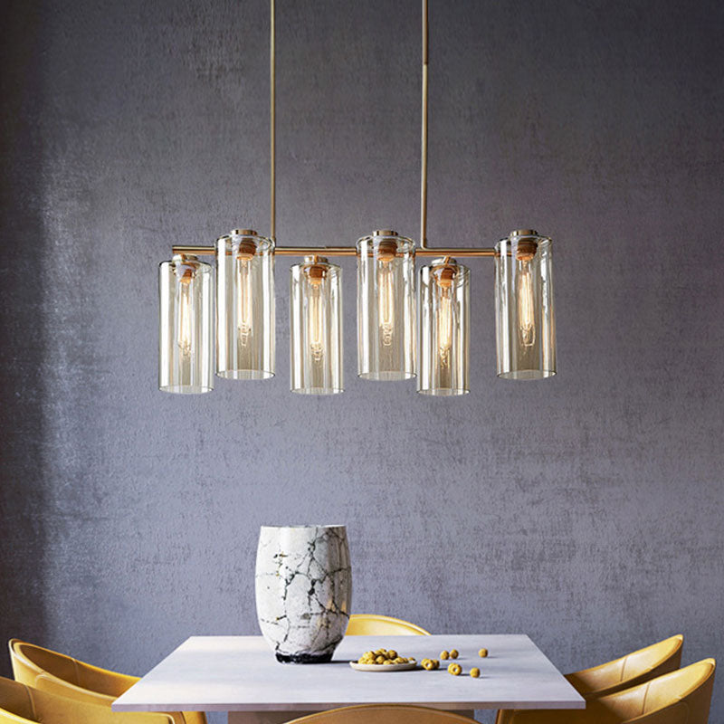 Vintage Multi Lights Chandelier with Clear Glass Shade Gold Cylinder Hanging Light Fixture Gold Clearhalo 'Ceiling Lights' 'Chandeliers' 'Glass shade' 'Glass' 'Modern Chandeliers' 'Modern' Lighting' 598160