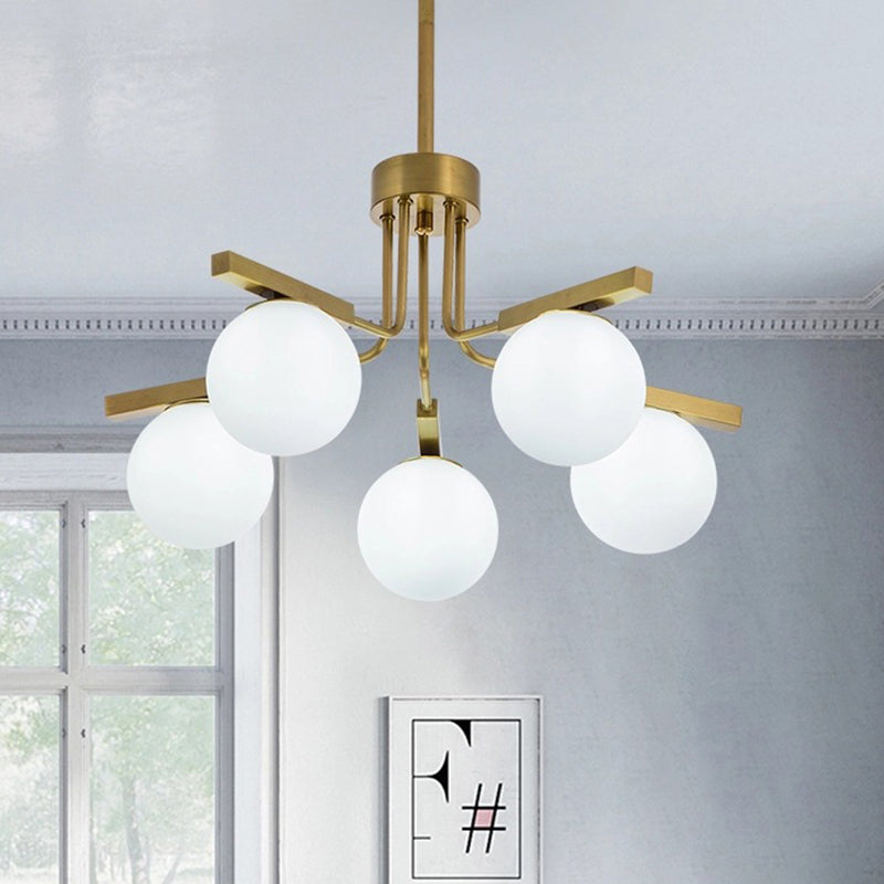 Ball White Glass Chandelier Light Modernist 5/8 Lights Led Gold Hanging Ceiling Lamp Fixture 5 Gold Clearhalo 'Ceiling Lights' 'Chandeliers' 'Glass shade' 'Glass' 'Modern Chandeliers' 'Modern' Lighting' 598737