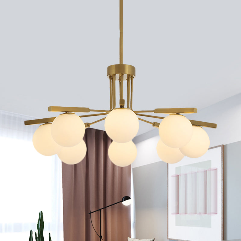 Ball White Glass Chandelier Light Modernist 5/8 Lights Led Gold Hanging Ceiling Lamp Fixture 8 Gold Clearhalo 'Ceiling Lights' 'Chandeliers' 'Glass shade' 'Glass' 'Modern Chandeliers' 'Modern' Lighting' 598742