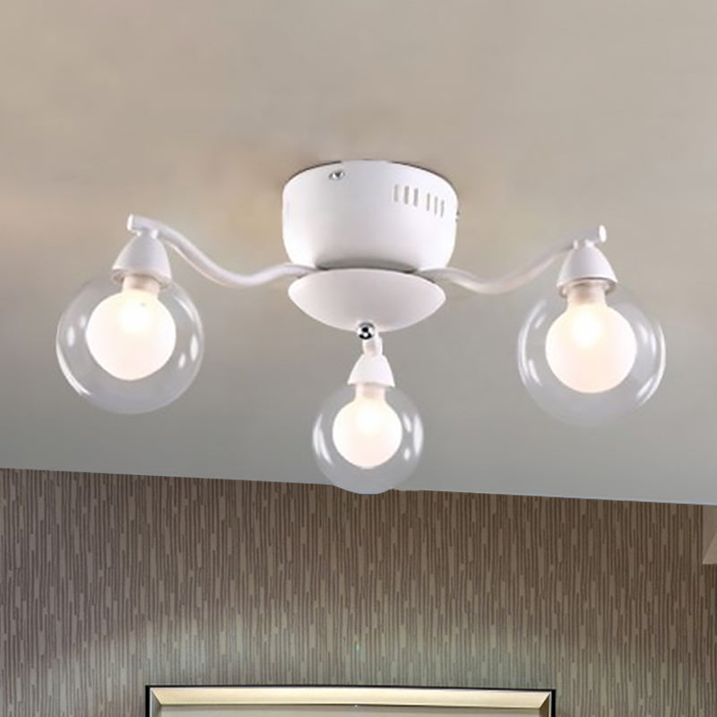 3 Curved Arms Semi Flush Light Dining Room with Clear Globe Glass Shade White Ceiling Mount Chandelier Clearhalo 'Ceiling Lights' 'Close To Ceiling Lights' 'Close to ceiling' 'Glass shade' 'Glass' 'Semi-flushmount' Lighting' 598800
