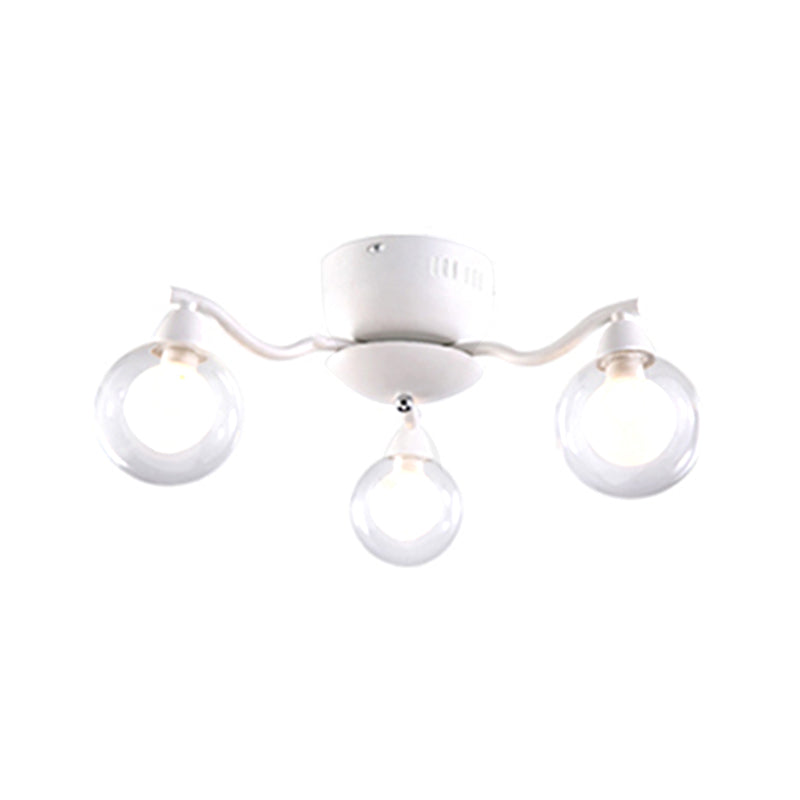 3 Curved Arms Semi Flush Light Dining Room with Clear Globe Glass Shade White Ceiling Mount Chandelier Clearhalo 'Ceiling Lights' 'Close To Ceiling Lights' 'Close to ceiling' 'Glass shade' 'Glass' 'Semi-flushmount' Lighting' 598801