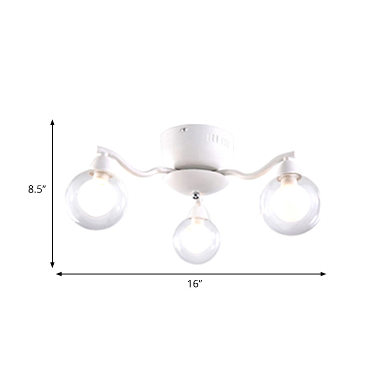 3 Curved Arms Semi Flush Light Dining Room with Clear Globe Glass Shade White Ceiling Mount Chandelier Clearhalo 'Ceiling Lights' 'Close To Ceiling Lights' 'Close to ceiling' 'Glass shade' 'Glass' 'Semi-flushmount' Lighting' 598802