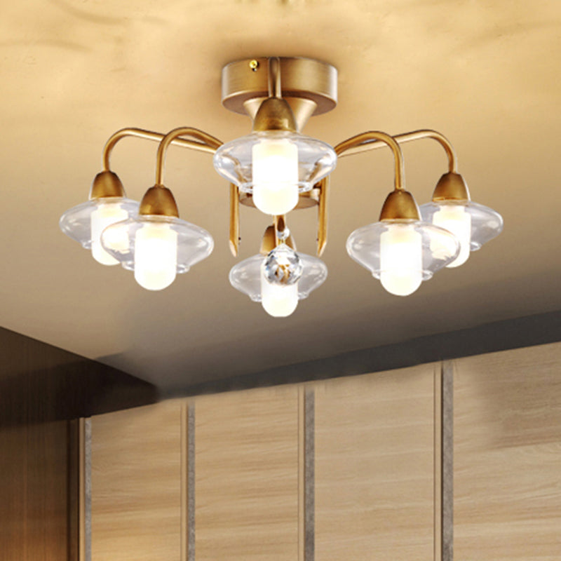 Modern Double Glass Shade Semi Flush Mount Light Metal 6 Lights Living Room Ceiling Flush Mount Gold Clearhalo 'Ceiling Lights' 'Close To Ceiling Lights' 'Close to ceiling' 'Semi-flushmount' Lighting' 598823