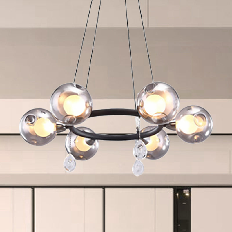 Modernist Ball Chandelier Pendant Smoke Dimpled Blown Glass 6/8 Lights Led Hanging Ceiling Lamp in Black 6 Smoke Gray Clearhalo 'Ceiling Lights' 'Chandeliers' 'Glass shade' 'Glass' 'Modern Chandeliers' 'Modern' Lighting' 598828