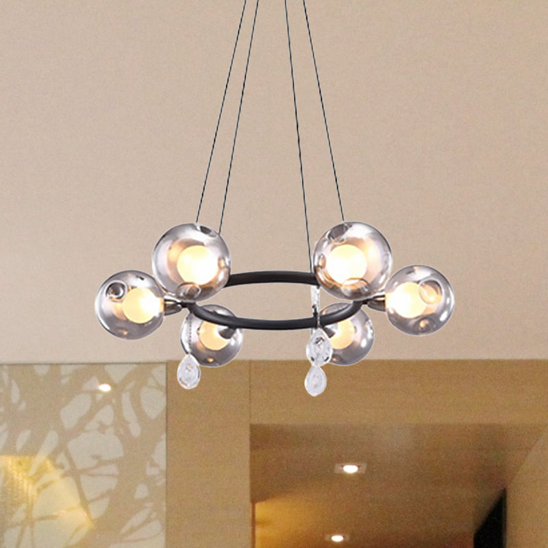 Modernist Ball Chandelier Pendant Smoke Dimpled Blown Glass 6/8 Lights Led Hanging Ceiling Lamp in Black Clearhalo 'Ceiling Lights' 'Chandeliers' 'Glass shade' 'Glass' 'Modern Chandeliers' 'Modern' Lighting' 598830