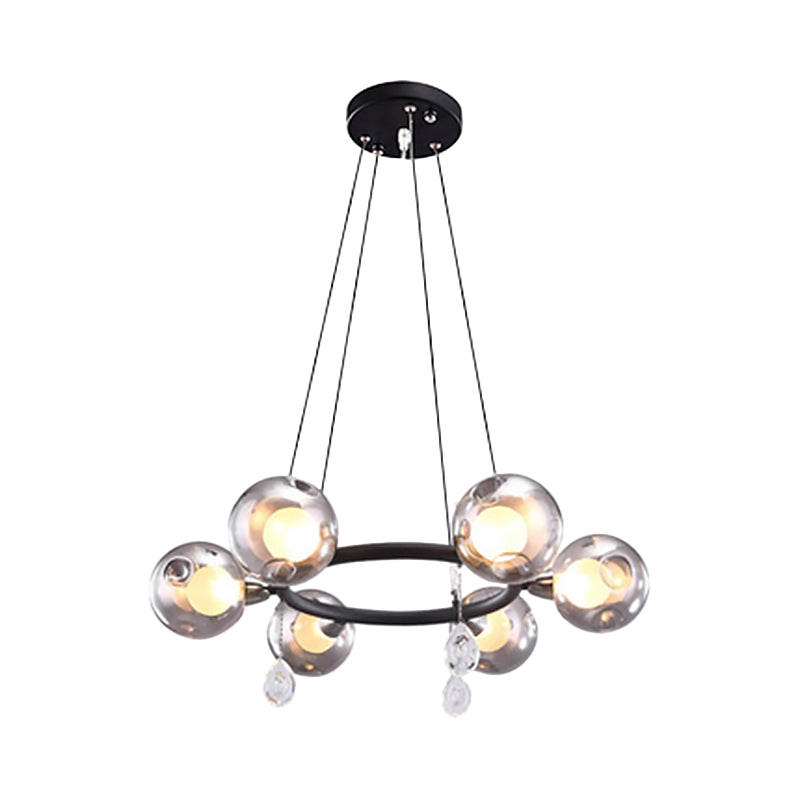 Modernist Ball Chandelier Pendant Smoke Dimpled Blown Glass 6/8 Lights Led Hanging Ceiling Lamp in Black Clearhalo 'Ceiling Lights' 'Chandeliers' 'Glass shade' 'Glass' 'Modern Chandeliers' 'Modern' Lighting' 598831