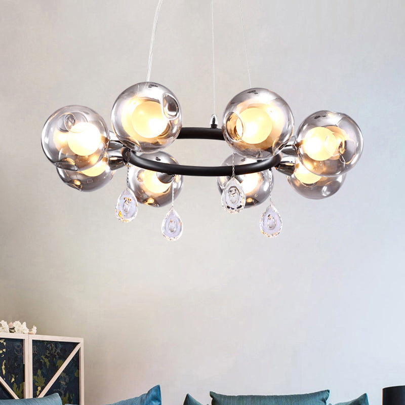 Modernist Ball Chandelier Pendant Smoke Dimpled Blown Glass 6/8 Lights Led Hanging Ceiling Lamp in Black 8 Smoke Gray Clearhalo 'Ceiling Lights' 'Chandeliers' 'Glass shade' 'Glass' 'Modern Chandeliers' 'Modern' Lighting' 598833