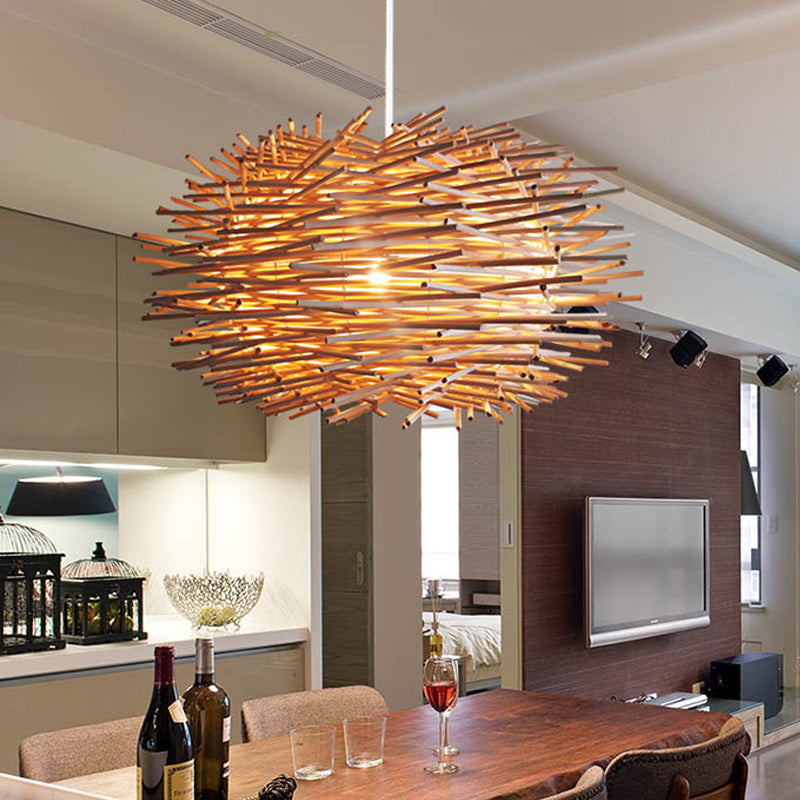 Wood Bird Nest Hanging Light Farmhouse Single Light Luminaire Lighting in Brown/Wood for Cafe Restaurant Clearhalo 'Ceiling Lights' 'Pendant Lights' 'Pendants' Lighting' 599073