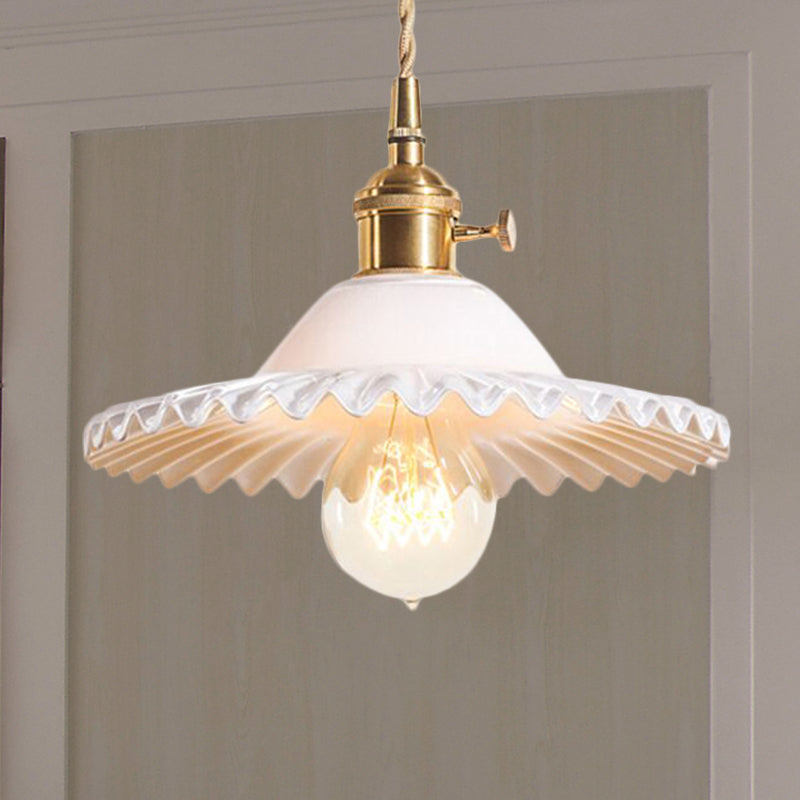 Brass 1-Light Hanging Ceiling Light Industrial Black/White/Green Glass Scalloped Pendant Lighting for Dining Room White Clearhalo 'Ceiling Lights' 'Glass shade' 'Glass' 'Industrial Pendants' 'Industrial' 'Middle Century Pendants' 'Pendant Lights' 'Pendants' 'Tiffany' Lighting' 599448