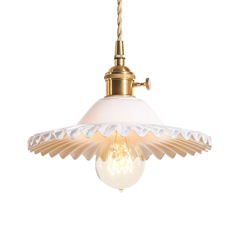 Brass 1-Light Hanging Ceiling Light Industrial Black/White/Green Glass Scalloped Pendant Lighting for Dining Room Clearhalo 'Ceiling Lights' 'Glass shade' 'Glass' 'Industrial Pendants' 'Industrial' 'Middle Century Pendants' 'Pendant Lights' 'Pendants' 'Tiffany' Lighting' 599451