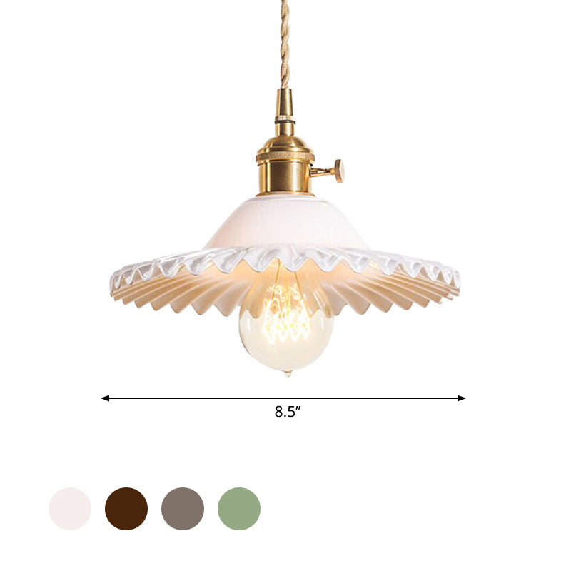 Brass 1-Light Hanging Ceiling Light Industrial Black/White/Green Glass Scalloped Pendant Lighting for Dining Room Clearhalo 'Ceiling Lights' 'Glass shade' 'Glass' 'Industrial Pendants' 'Industrial' 'Middle Century Pendants' 'Pendant Lights' 'Pendants' 'Tiffany' Lighting' 599452