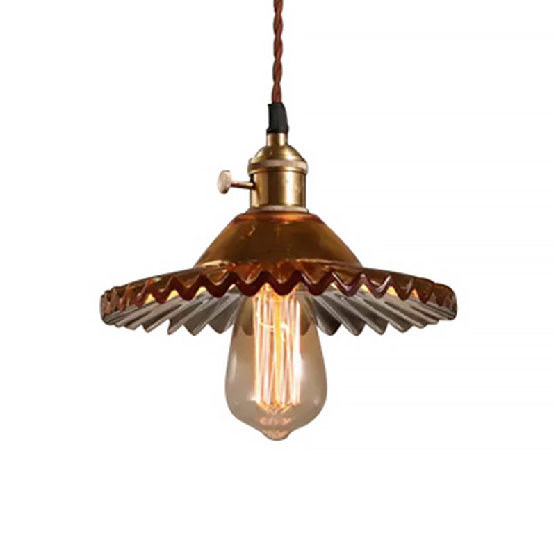 Brass 1-Light Hanging Ceiling Light Industrial Black/White/Green Glass Scalloped Pendant Lighting for Dining Room Clearhalo 'Ceiling Lights' 'Glass shade' 'Glass' 'Industrial Pendants' 'Industrial' 'Middle Century Pendants' 'Pendant Lights' 'Pendants' 'Tiffany' Lighting' 599456