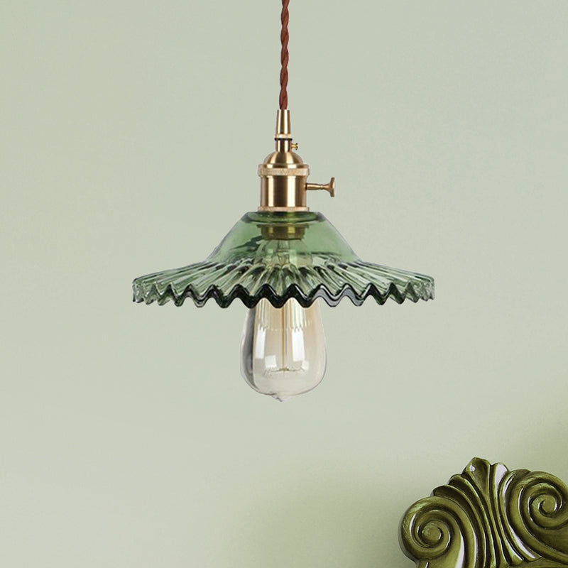 Brass 1-Light Hanging Ceiling Light Industrial Black/White/Green Glass Scalloped Pendant Lighting for Dining Room Clearhalo 'Ceiling Lights' 'Glass shade' 'Glass' 'Industrial Pendants' 'Industrial' 'Middle Century Pendants' 'Pendant Lights' 'Pendants' 'Tiffany' Lighting' 599462