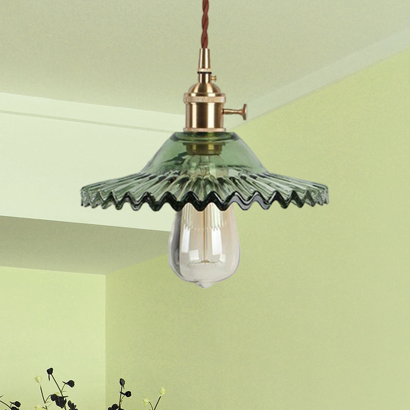 Brass 1-Light Hanging Ceiling Light Industrial Black/White/Green Glass Scalloped Pendant Lighting for Dining Room Clearhalo 'Ceiling Lights' 'Glass shade' 'Glass' 'Industrial Pendants' 'Industrial' 'Middle Century Pendants' 'Pendant Lights' 'Pendants' 'Tiffany' Lighting' 599463