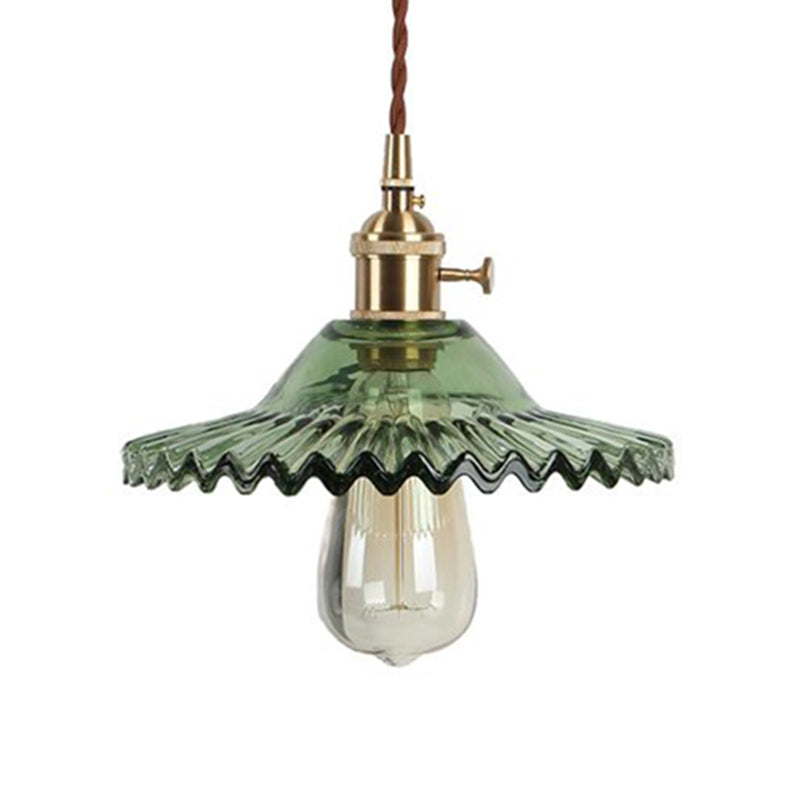 Brass 1-Light Hanging Ceiling Light Industrial Black/White/Green Glass Scalloped Pendant Lighting for Dining Room Clearhalo 'Ceiling Lights' 'Glass shade' 'Glass' 'Industrial Pendants' 'Industrial' 'Middle Century Pendants' 'Pendant Lights' 'Pendants' 'Tiffany' Lighting' 599464