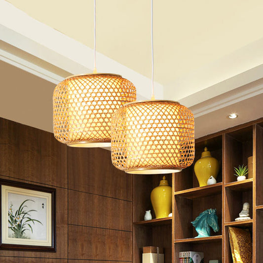 Weave Bucket Shade Hanging Pendant Light Rustic 1 Head Drop Light in Wood for Restaurant Clearhalo 'Ceiling Lights' 'Pendant Lights' 'Pendants' Lighting' 599466