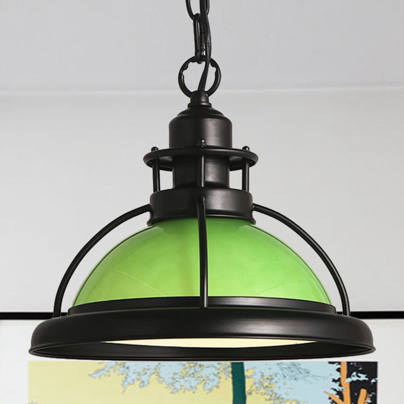 Black One Light Hanging Ceiling Light Vintage White/Green Glass Dome Pendant Lighting for Dining Room Green Clearhalo 'Ceiling Lights' 'Glass shade' 'Glass' 'Industrial Pendants' 'Industrial' 'Middle Century Pendants' 'Pendant Lights' 'Pendants' 'Tiffany' Lighting' 599568