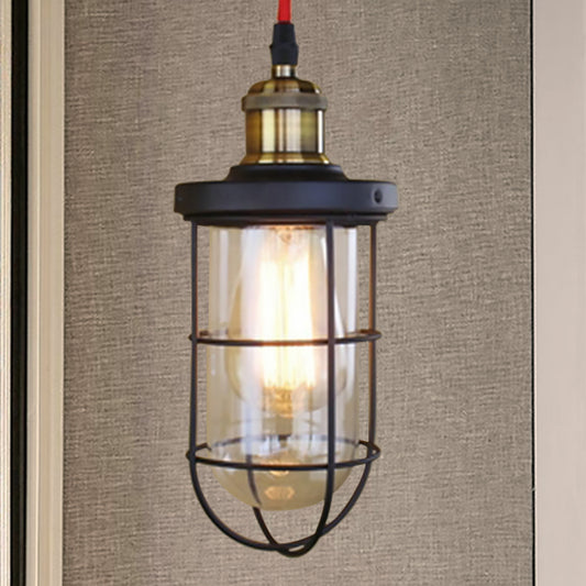 1 Light Ceiling Pendant Light Coastal Caged Lantern Clear Glass Hanging Lamp for Coffee Shop in Black Clear Clearhalo 'Ceiling Lights' 'Glass shade' 'Glass' 'Industrial Pendants' 'Industrial' 'Middle Century Pendants' 'Pendant Lights' 'Pendants' 'Tiffany' Lighting' 599604