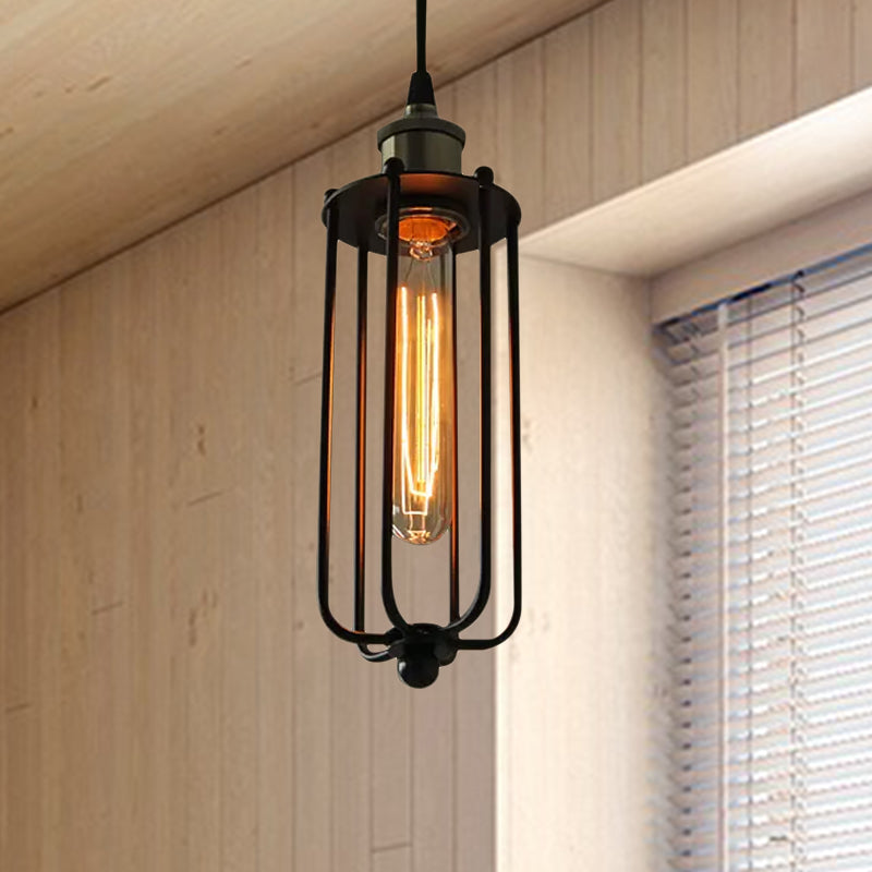 Metallic Matte Black Pendant Lamp Cylinder Cage Shade 1 Light Vintage Style Hanging Fixture Black Clearhalo 'Art Deco Pendants' 'Black' 'Cast Iron' 'Ceiling Lights' 'Ceramic' 'Crystal' 'Industrial Pendants' 'Industrial' 'Metal' 'Middle Century Pendants' 'Pendant Lights' 'Pendants' 'Rustic Pendants' 'Tiffany' Lighting' 599660